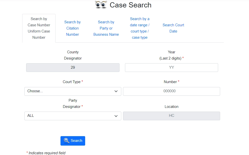 A screenshot from Cindy Stuarts, Clerk of Court and Comptroller of Hillsborough County, a page showing the available options to search; searcher can search by case number, citation number, party or business name, date range/court type/case type, or by search court date; to search by case number must input the year (last two digits), court type, number, party designator, and location; search button at the bottom part.