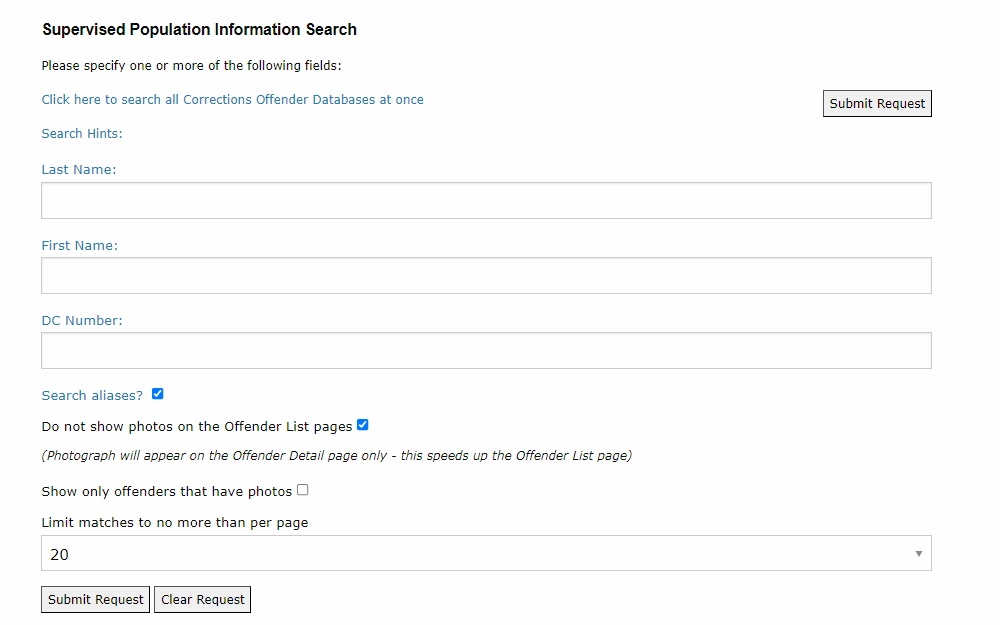 A screenshot is taken from a Florida Department of Corrections supervised population search; searchers can use the offender's full name or DC number to search, a checkbox if they want to search aliases, and a dropdown box to limit the result per page.
