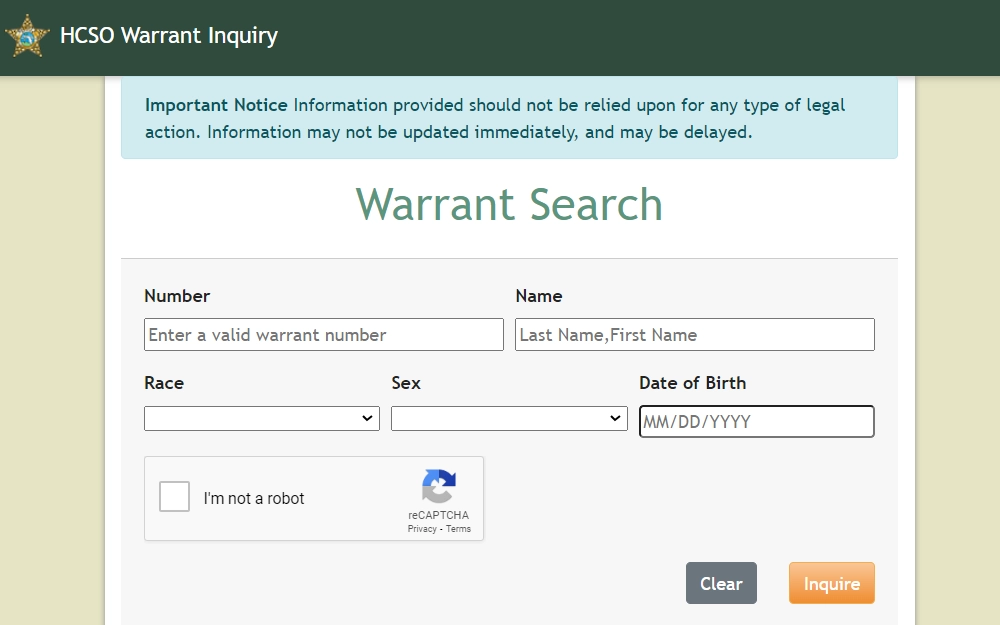 Hillsborough County Sheriff's Office Warrant Inquiry page screenshot showing the required field to search; searcher can search by a number of warrants or Full name and narrow the result by including his race, sex, and DOB. 
