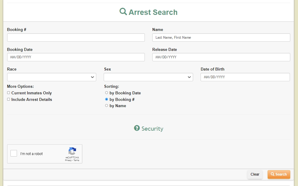 A screenshot from Hillsborough County Sheriff's Office webpage's arrest search showing the information needed to search; searchers can either input the full name or the booking number and can narrow the result by including the booking date, release date, race, sex, DOB; result can sort from booking date, number or name; clear and search button at the bottom right corner.