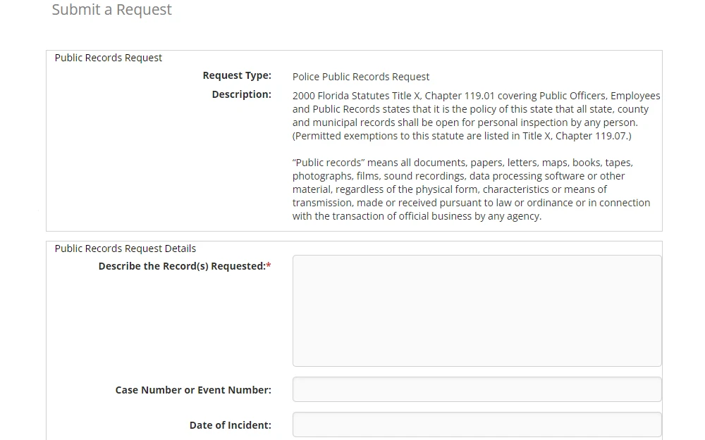 A screenshot of the request page from the University of Florida's webpage showing the required information (denoted by *); the requestor must describe the type of record requested, the case number, and the date of the incident.