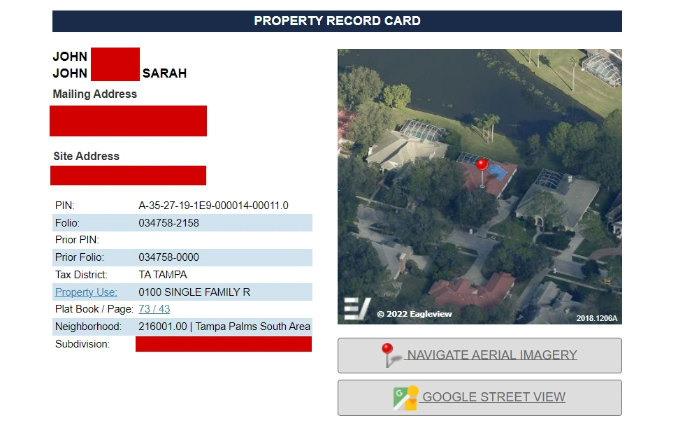A search result with the owner's full name, mailing address, site address, and a Google Maps image of the property's location is displayed on the Hillsborough County Property Appraiser page.