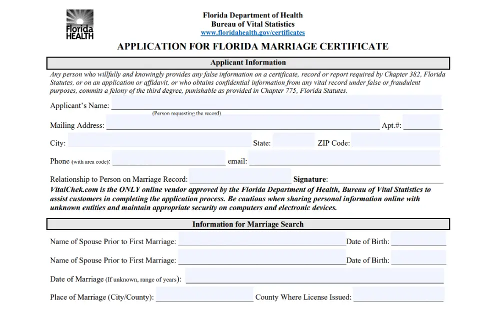 An application form for obtaining a marriage certificate from the Florida Bureau of Vital Statistics, outlining the required applicant information, instructions for requesting records, and cautionary advice for submitting personal details online.
