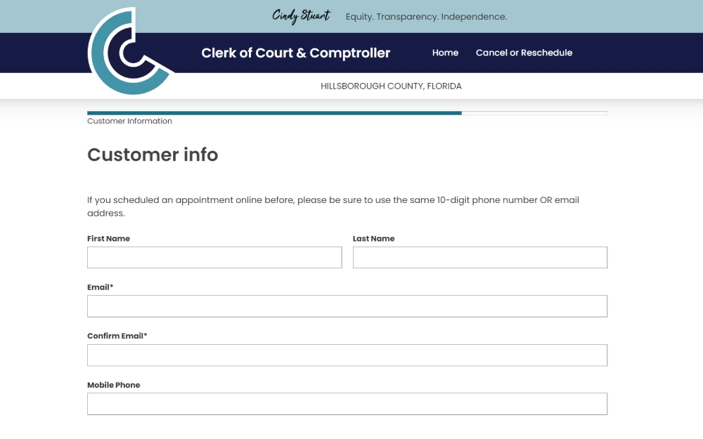 A web form from the Clerk of Court & Comptroller's office in Hillsborough County, Florida, providing a section for customers to input their personal contact details, such as first and last name, email, and mobile phone number, for appointment scheduling purposes.