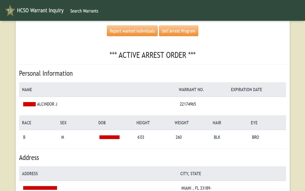 A screenshot of a law enforcement database showing an active arrest order featuring personal information sections with fields for name, racial identity, gender, date of birth, and physical attributes, including height, weight, hair and eye color, alongside address details, without revealing sensitive information or context associated with law enforcement searches.