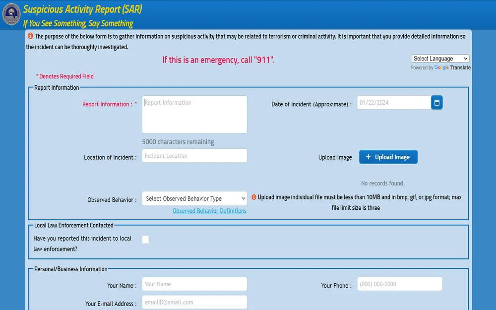 A screenshot of a form for reporting suspicious activities potentially related to criminal acts, with fields for detailed descriptions of the incident, behavior observed, and options to upload images for evidence, emphasizing the importance of community vigilance and the need to alert local law enforcement.