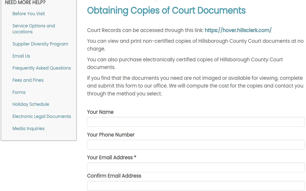 A screenshot of a request form for obtaining copies of court documents detailing the process for accessing non-certified and certified copies, with fields for personal contact information such as name, phone number, and email address, and instructions for submission if the required documents are not readily available online.