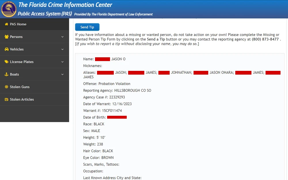 A screenshot of a public access interface from a state law enforcement portal detailing an individual's information, including aliases, physical characteristics, and the nature of the offense, alongside contact options for providing tips to authorities, without implying any online search activities for legal records.