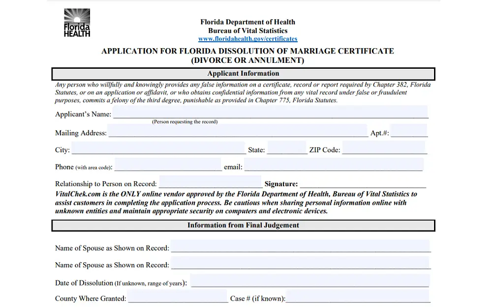 A screenshot showing an application for a Florida dissolution of marriage certificate (divorce or annulment) that requires details such as the mailing address, the applicant's name, city, phone, email address, signature, final judgment information, and others.