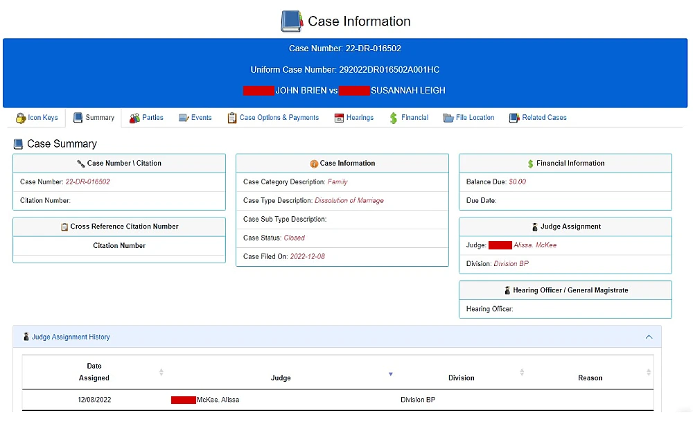 A screenshot showing case information shows details such as the case number, uniform case number, full names of persons involved, case number and citation, case and financial information, judge assignment, and others.