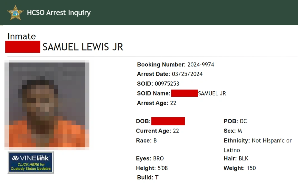 A screenshot of the HCSO arrest inquiry inmate details showing booking number, arrest date, SOID number and name, arrest age, date of birth, current age, POB, sex, ethnicity, hair and eye color, weight, height, build and mugshot photo.