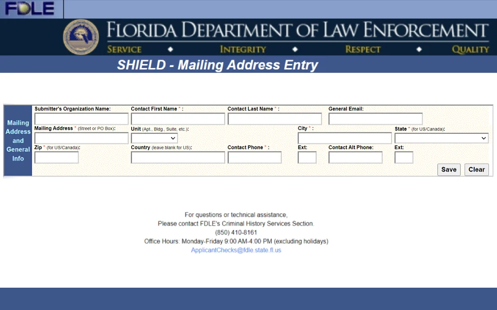 A screenshot of the SHIELD mailing address entry information such as the submitter's organization name, contact first and last name, general email address, mailing address, unit, city, state, zip, country, and contact phone number from the Florida Department of Law Enforcement website.