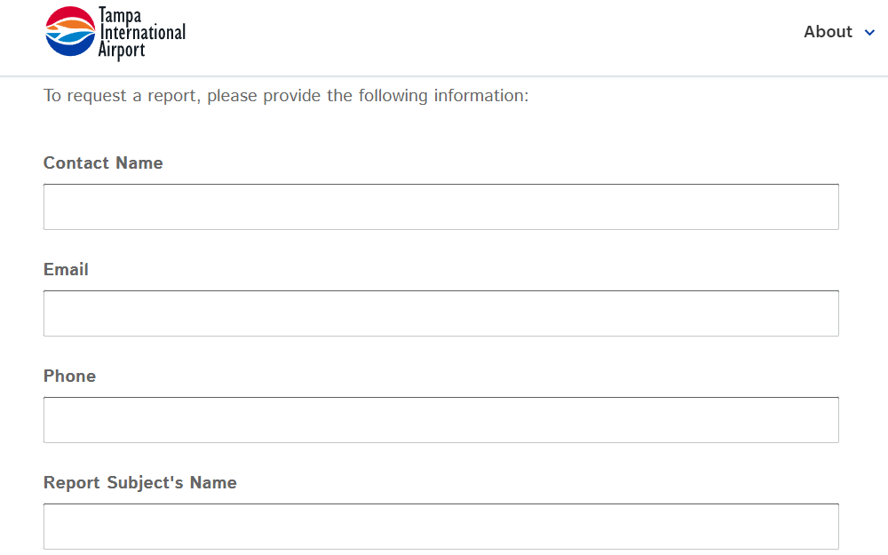 A screenshot of the Tampa International Airport Police's records requests form where interested individuals may request a report by providing their name, email address, phone number, report subject's name, the type of documents they're requesting, and more.